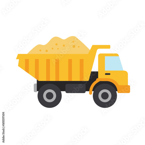 A vibrant yellow dump truck, filled with golden sand, is depicted in a clean, flat design illustration on a crisp white background.