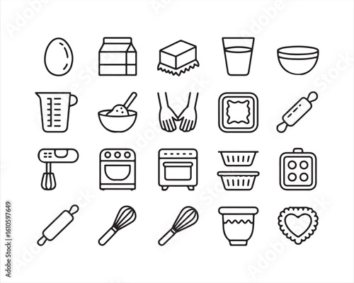 Baking Ingredients and Tools Line Icons – Hand Drawn Kitchen Doodle Set