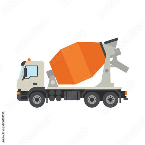 A flat design illustration of a cement mixer truck, ideal for construction, industry, and transportation projects needing a simple and modern visual representation of concrete delivery.