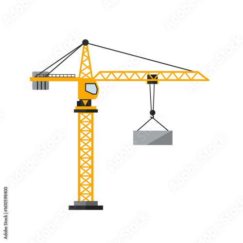 A tall yellow construction tower crane is lifting a heavy concrete block at a building site.