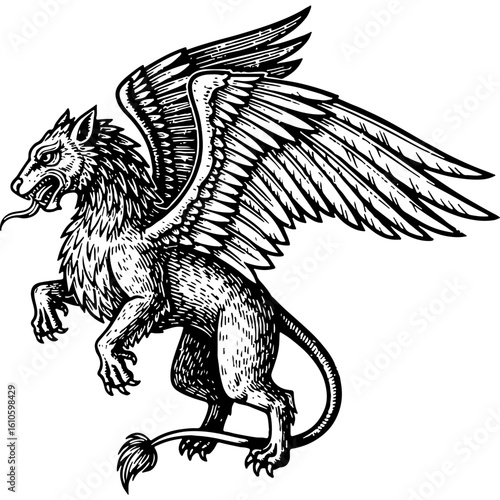 Powerful Griffin Mythical Creature Illustration in Rustic Woodcut Style. Vintage Black and White Engraving of a Fantasy Beast.