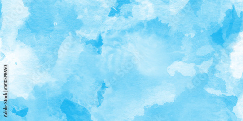 This image gives the impression of soft clouds in a sky blue watercolor image, Soft pastels mixed blue and white colors, soft paper textured canvas element for text design.