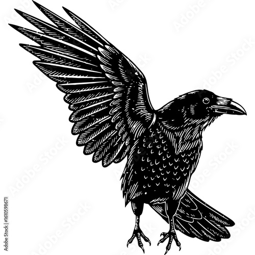 Rustic Woodcut Style Flying Raven Illustration. Vintage Engraved Black Crow with Spread Wings, Gothic Nature Art.