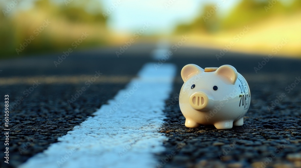 Fototapeta premium Piggy bank on the road ahead.