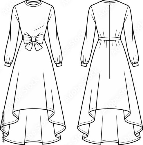 Flat sketch of high-low dress with long sleeves, front bow detail, back zipper, formal wear technical fashion CAD illustration