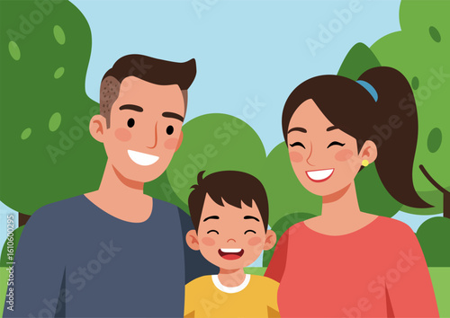 Happy man, woman, and kid smiling and standing outdoors. Family enjoying summer leisure. Joyful illustration for parenthood and childhood concept.