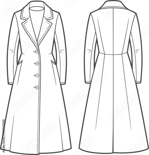 Flat sketch of long flared coat with notch lapel, front buttons, side pockets, back seam, tailored fashion CAD illustration
