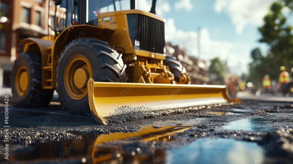 Road Construction: A Yellow Tractor Smooths Asphalt Road Construction: A Yellow Tractor Smooths Asphalt