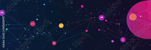 Abstract colorful social network connection illustration with digital communication icons on dark blue background for technology and online business concepts