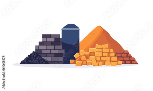 Construction materials piles with gravel sand red and yellow bricks stacked flat minimalist vector illustration on white background for building supplies concept