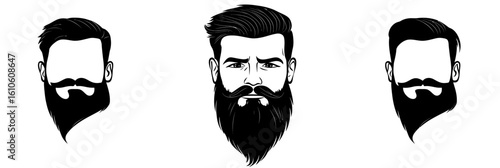 Set of three black minimalist male face portraits with full beard moustache and stylish haircut silhouette vector collection isolated on white background for grooming concept