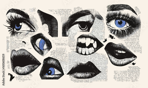 Collage of vintage newspaper cutout facial features with detailed blue eyes, lips, mouth, ears, abstract grunge textured elements in minimalist style vector illustration