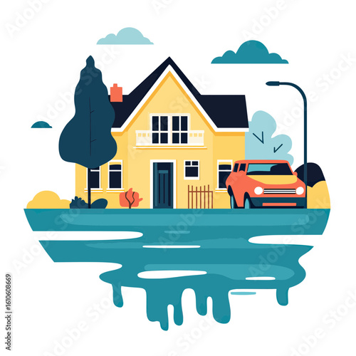 Yellow house with driveway and orange car surrounded by rising floodwater in flat minimalist vector style with trees and street lamp under cloudy sky