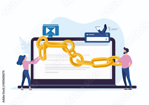 Business people holding large golden chain links connecting on laptop screen with digital marketing SEO backlink concept flat vector illustration