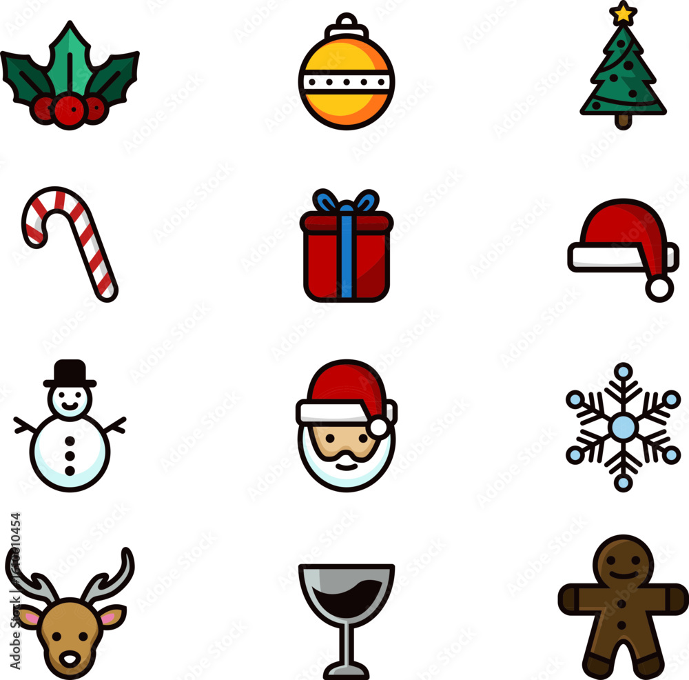 Fototapeta premium Collection of festive Christmas holiday vector icons. A mid-ground graphic set featuring seasonal symbols like Santa, reindeer, and snowman.