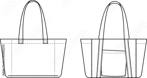Flat vector CAD illustration of modern tote bag with long handles, angled pocket detail, rear panel stitching, technical fashion drawing