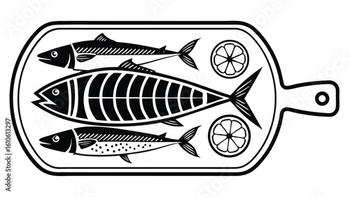 Monochrome illustration of fish on a serving platter garnished with sliced lemon wedges for culinary or seafood related themes.