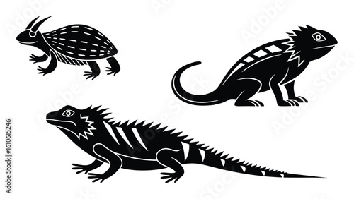 Vector illustration depicting three reptiles including a horned lizard and two spiked dragon like creatures
