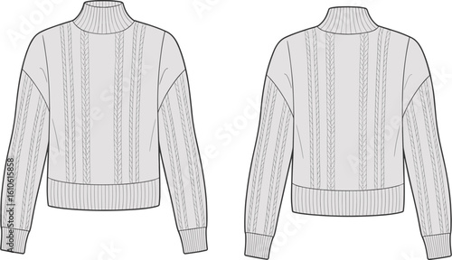 Cable knit sweater vector illustration with high neck, ribbed cuffs and hem, front and back view CAD fashion design sketch