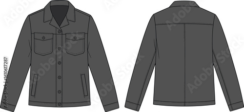 Flat vector fashion CAD of dark long sleeve denim jacket with chest flap pockets, side welt pockets, and back yoke seam