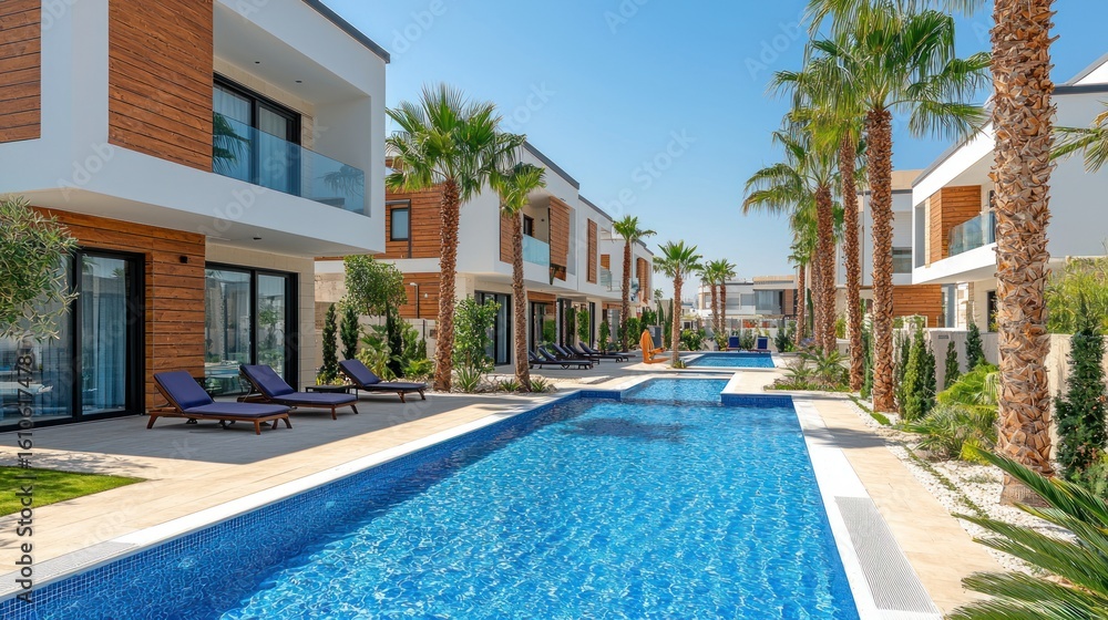 Fototapeta premium Modern resort with pools and palm trees view