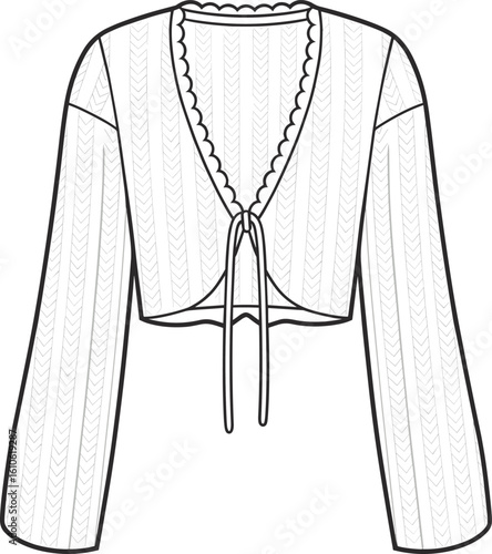 Cropped cardigan fashion vector, scalloped V-neck with front ties, chevron texture detail, stylish long sleeves, CAD drawing flat vector illustration