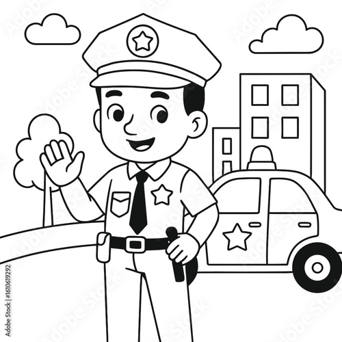 Friendly Police Officer and Car Coloring Page