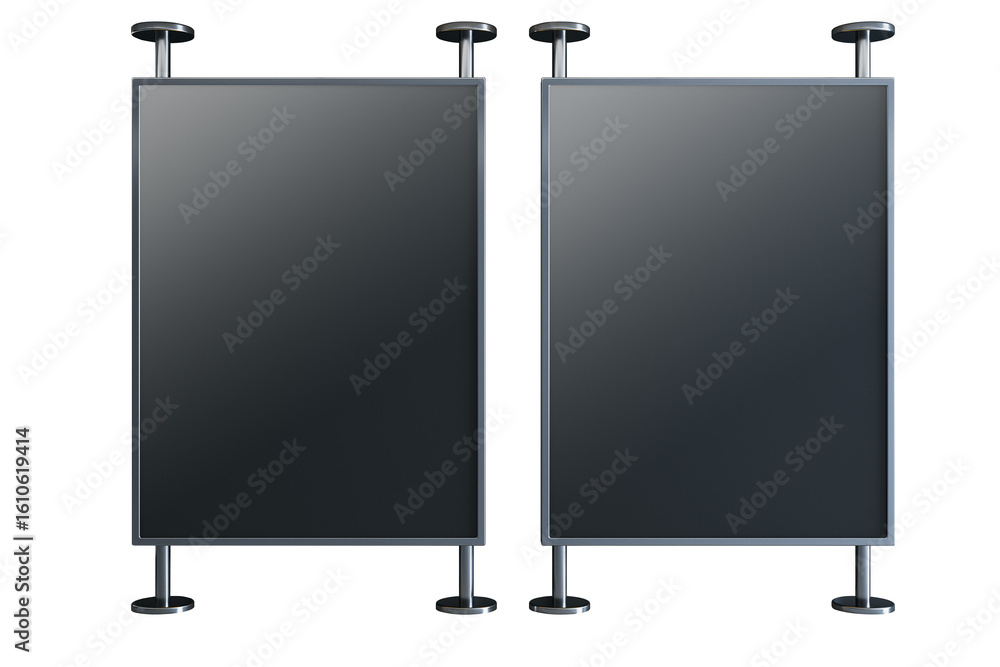 Obraz premium Two vertical black display boards with metal frames and stands, isolated on white background, presentation or signage mockup concept. 3D Rendering