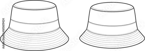 Flat vector sketch of wide brim bucket hat with mid-panel seam, front and back CAD fashion design template drawing