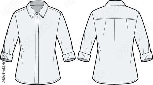 Flat vector illustration of women's classic button-up shirt with collar, back pleat, rolled sleeves, curved hem, and detailed topstitching