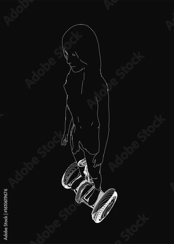 A young girl glides effortlessly on a futuristic hoverboard, her silhouette sharply defined against a dark background. The dynamic contour lines emphasize motion and speed.