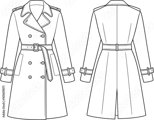 Front and back view CAD drawing of trench coat, detailed fashion flat sketch, vector illustration for garment technical design
