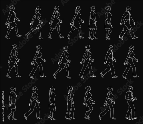 Outline of people walking in various poses stand out in white against a black background. The clean contours emphasize movement and simplicity. Perfect for minimalist designs, presentations.