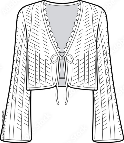 Cropped scalloped edge cardigan vector illustration with bow tie front, textured knit pattern, front and back CAD fashion sketch