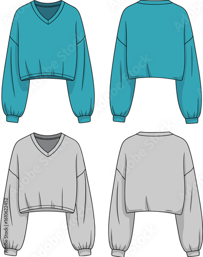 Cropped sweatshirt fashion vector set, V-neck design with drawstring collar, front and back views, stylish casual wear, CAD drawing flat vector illustration
