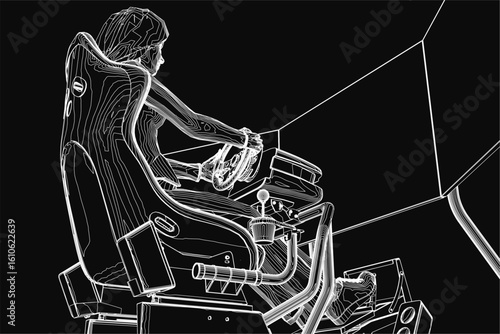 A determined woman in a racing suit grips a steering wheel while seated at a computer, immersed in a high-speed simulator game. The dark background enhances the intense, mysterious atmosphere.