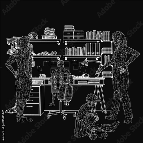 A vector illustration of a family in a child's room, with a father and mother standing together, one kid doing homework at a desk, and another playing with toys on the floor, all depicted in clean.