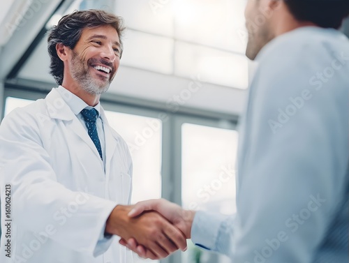 Doctor shaking hands with patient in bright hospital room.