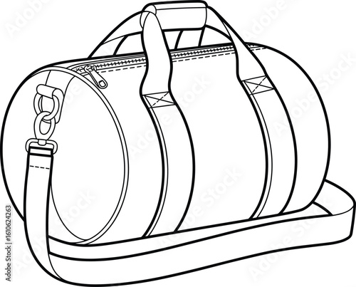 Cylindrical duffel bag vector front view, CAD fashion flat sketch with top handles, zipper closure, and strap clasp detail