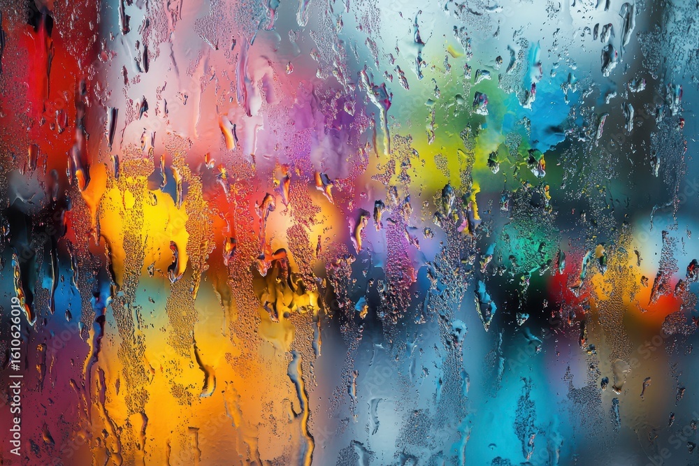 Fototapeta premium Raindrops cascade down glass windows creating a blurred view of colorful city lights on a rainy day, The raindrops flowing on glass windows in rainy weather