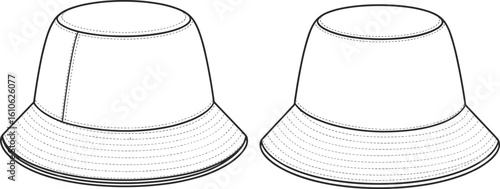Technical bucket hat front and back view, CAD flat vector illustration, fashion accessory sketch, detailed topstitch design for apparel template