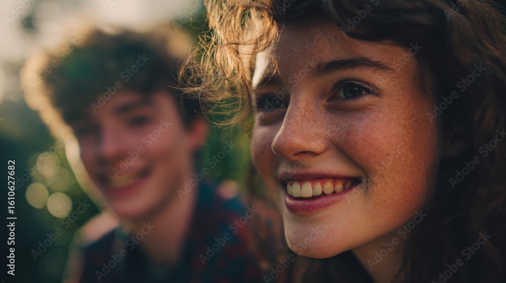 Obraz premium Two smiling young adults in a head and shoulders portrait, with a softly blurred green background