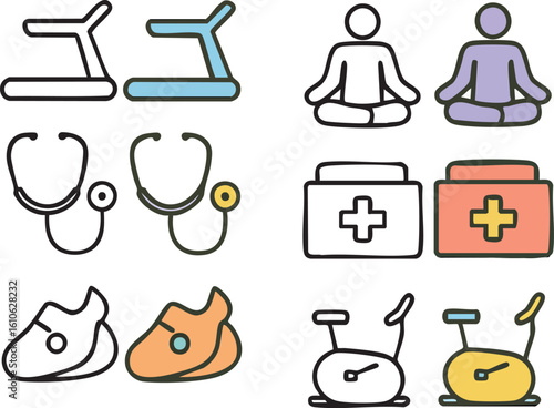 Healthcare and Fitness Icons Treadmill Yoga Stethoscope First Aid Kit Exercise Shoes Exercise Bike.
