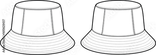 Technical flat sketch vector of panel-stitched bucket hat, fashion CAD drawing front and back, wide brim cap illustration