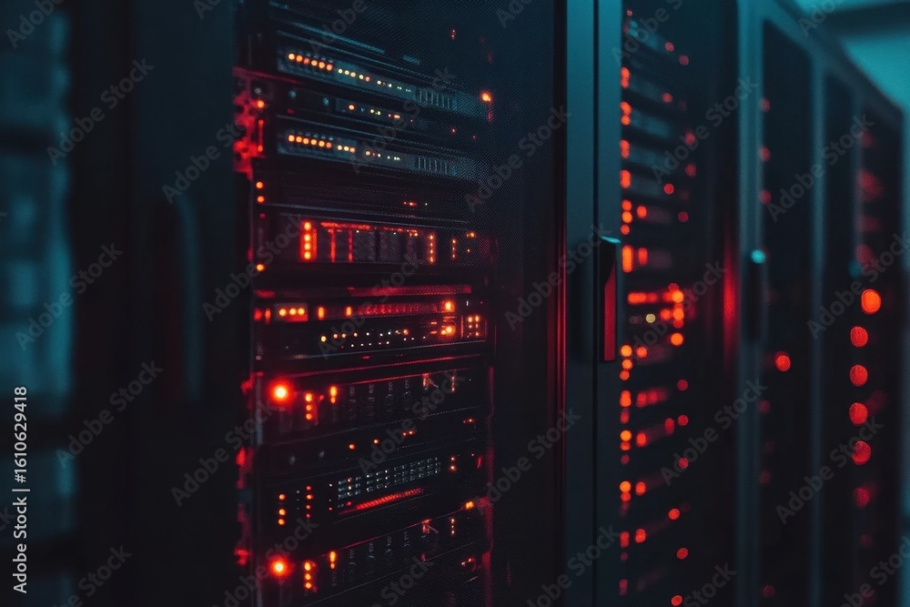 Obraz premium Data processing and network connections within a server room at night showcasing technological infrastructure, data processing over scope scanning and connections