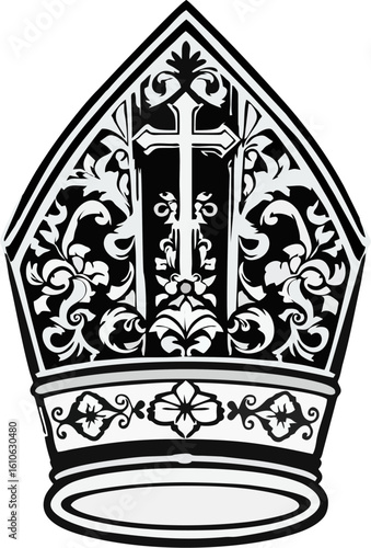 Baroque Papal Mitre with Ornate Cross and Floral Details – Black and White Religious Bishop Hat Vector