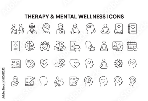 Collection of diverse wellness and mindfulness icons representing mental health and personal growth activities vector