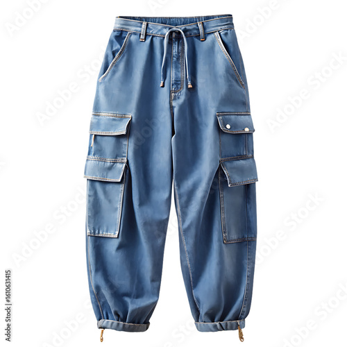 baggy denim cargo pants loose fit jeans mens streetwear pants casual cargo bottoms trendy baggy jeans isolated on white background,PNG.AI Generated.