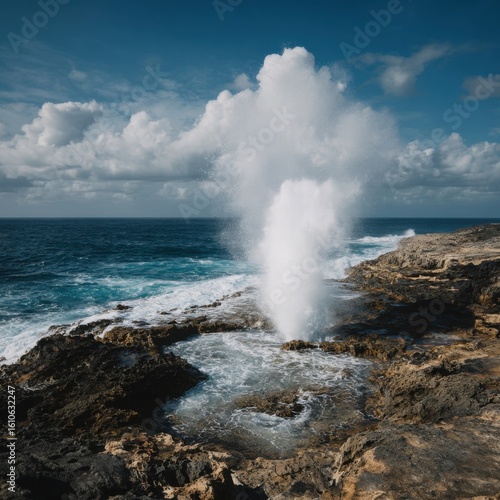 A vibrant coastal scene showcasing a blowhole spectacularly spraying seawater.