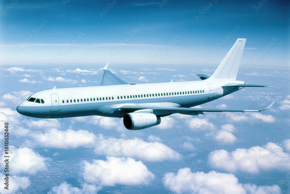 Obraz premium Commercial airplane circling in the sky over clouds during daytime near urban area, An unbranded commercial airplane circling in the sky as it awaits its position to land